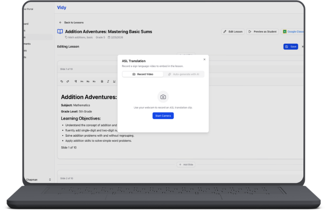 Laptop mockup showing the Vidy teacher portal editing a lesson, with an ‘ASL Translation’ modal open offering Record Video or Auto-generate with AI and a Start Camera button.