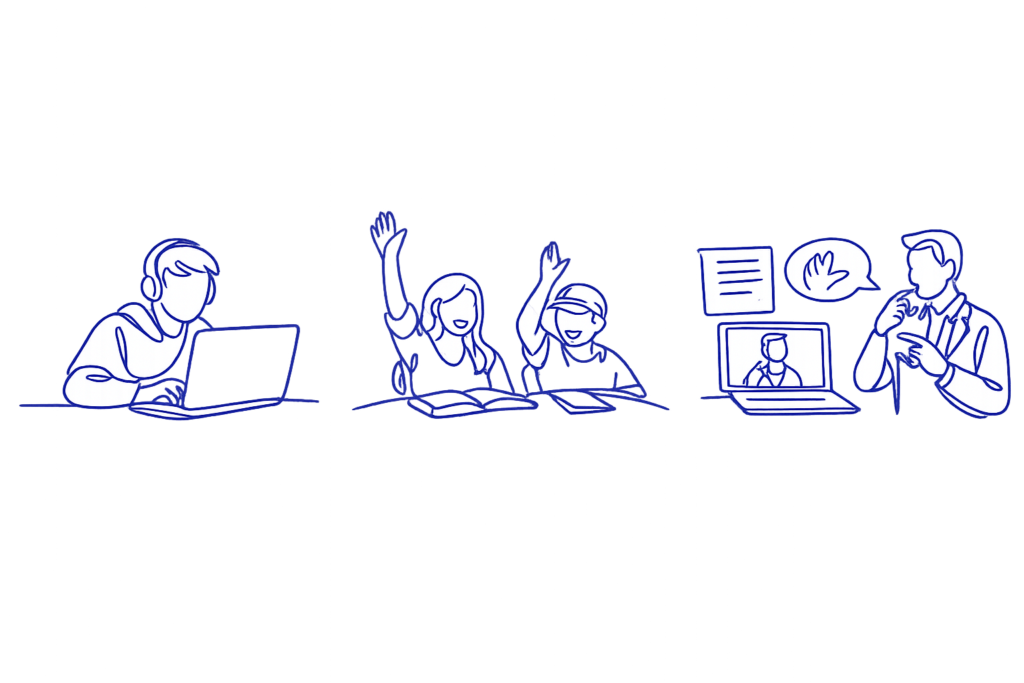 A three-panel purple continuous-line illustration: a student learning on a laptop, students raising hands in a classroom, and ASL instruction shown alongside written-content blocks on a screen—no text, transparent background.