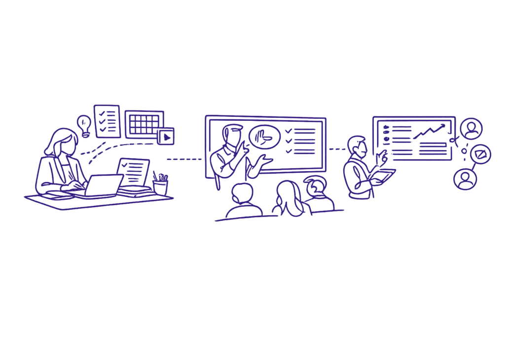 A three-panel purple continuous-line illustration: a teacher planning lessons on a laptop with resource icons, a teacher signing at the front of a classroom with visual content on a board, and a teacher viewing a progress dashboard with connected student indicators—no text, transparent background.